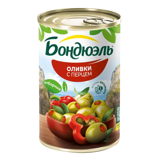 Оливки без косточки Бондюэль, со сладким перцем, 300 г